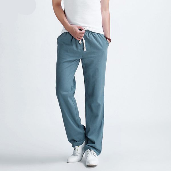 men's jeans 2021 summer linen casual pants solid thin breathable joggers sweatpants flax cotton big size 4xl 5xl straight trousers, Blue